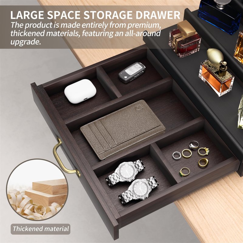 YIKIBOX Cologne Organizer for Men,Wooden Perfume Organizer with Hidden Compartment and Drawer,Cologne Stand and Storage Display Risers for Dresser,Great Gift for Men/Friend（DarkBrown）