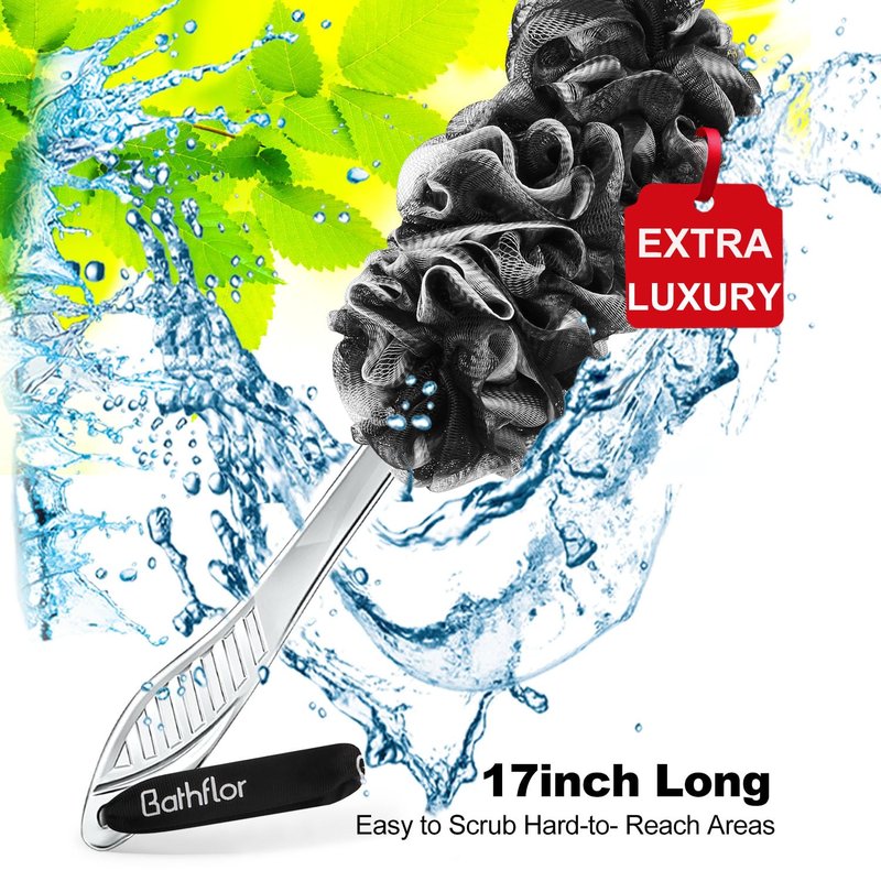 Bathflor Loofah Sponge, 6-in-1 Loofahs for Men Women, 80g Large Shower Exfoliating Body Scrubber, 4 Bath Sponge Loofa Packs, 1 Loofah with Handle Body Wash Back Scrubber, 1 Luffa Hook, Colors