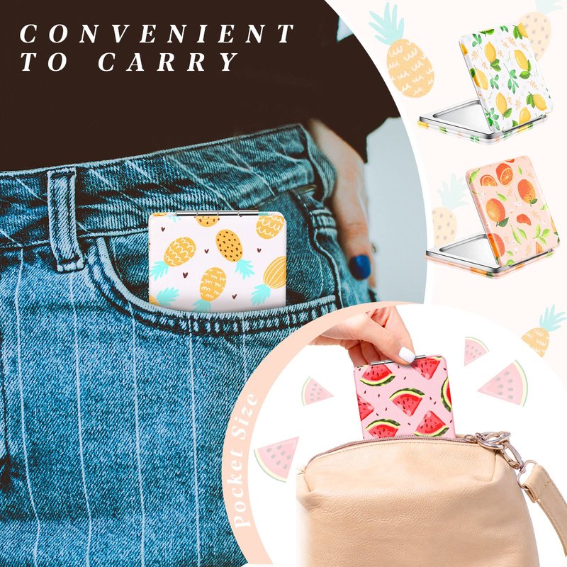 Vicenpal Compact Mirror Small Pocket Fruit Design Mini Magnifying Portable Makeup Compact PU Leather Double Sidepocket Mirror for Mother's Day Women Party Baby Shower Gifts(Square Style)