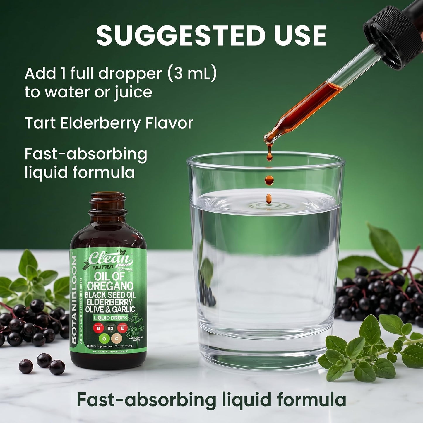 Clean Nutra Oil of Oregano Drops Black Seed Oil Elderberry Vitamin D D3 K2 Olive Garlic Immune Support Supplement Zinc Supplements Liquid 2 Fl Oz Vegan