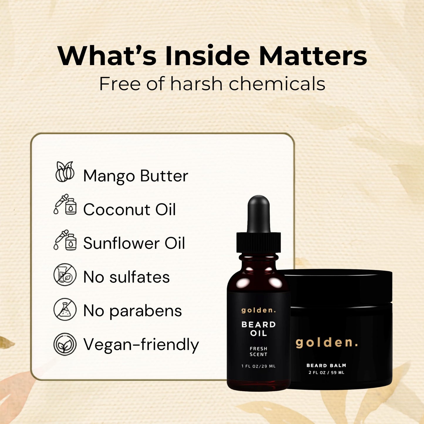 Golden Grooming Beard Bundle for Black Men - Natural Growth Kit with 2oz Balm & 1oz Oil - Shea Butter Conditioner - Fresh (Regular)