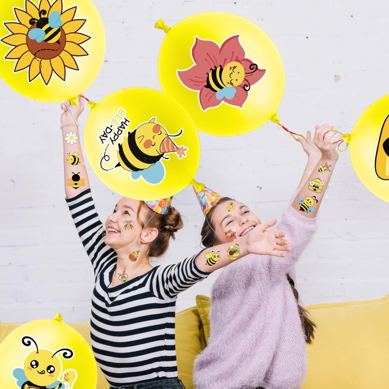 72 PCS Bee Party Favors – 48 Pre-Cut Temporary Tattoos & 24 Bee Punch Balloons Themed Birthday Party Decorations Supplies Favors Gifts Goodie Bag Fillers Classroom Rewards for Boys Girls