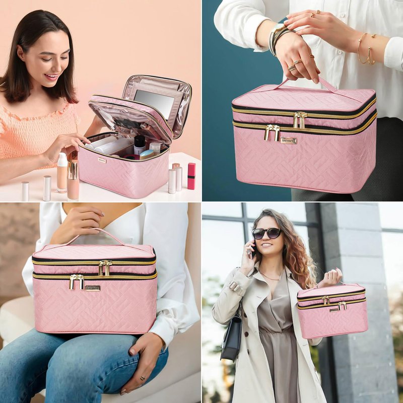 BAFAMYE 8.8L Double Layer Travel Makeup Bag With Mirror For Women, Large Cosmetic Case, Organizer for Travel-Size Accessories Bottles, Brushes,and Skin Care Products, 2.33 GAL, Pink