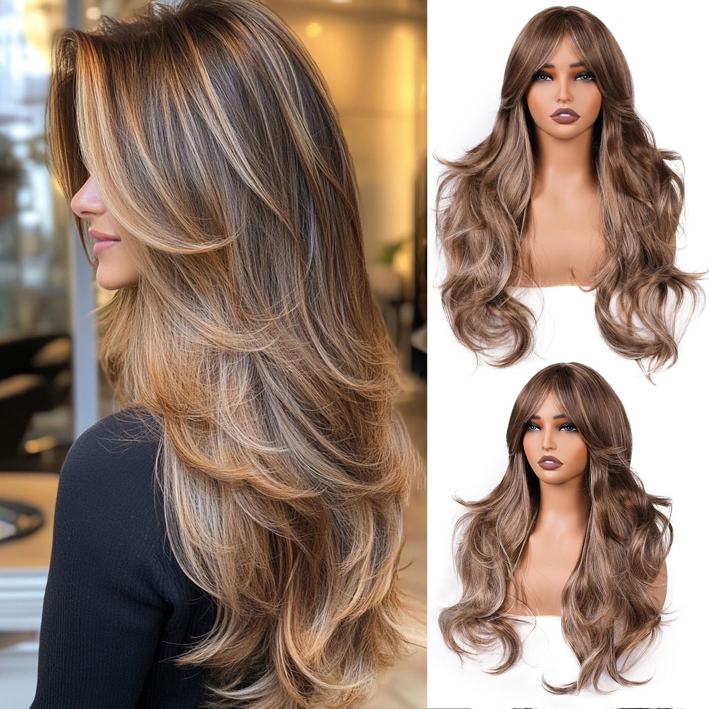 Light Brown With Curtain Bangs Wigs for Women 26inch Long Brown Mixed Blonde Layered Wig with Dark Roots Middle Parting Synthetic Hair Natural Looking for Daily Party Use(Highlight Brown)