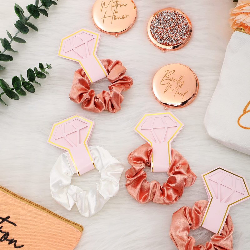 24 Pieces Bridesmaid Proposal Gifts Wedding Makeup Bag Gift Set Includes 8 Bridesmaid Makeup Bags 8 Satin Hair Scrunchies 8 Bridesmaid Compact Mirrors(Green Leaves)