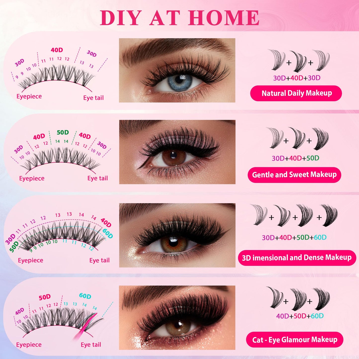 Nova Lash Clusters Kit 360 PCS Lash Clusters Natural Look Invisible Band Lashes Eyelash Clusters with Bond and Seal D Curl WideSpan Cluster Eyelash Extension Kit 8-16mm DIY at Home