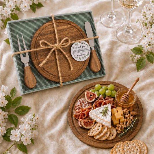 Maxcheck 1 Set Baby Shower Bridal Game Prizes for Winners Round Cheese Board Set Wood Mini Charcuterie Board with Knives and Forks Thank You Card with Gift Box for Guests Wedding (Acacia)