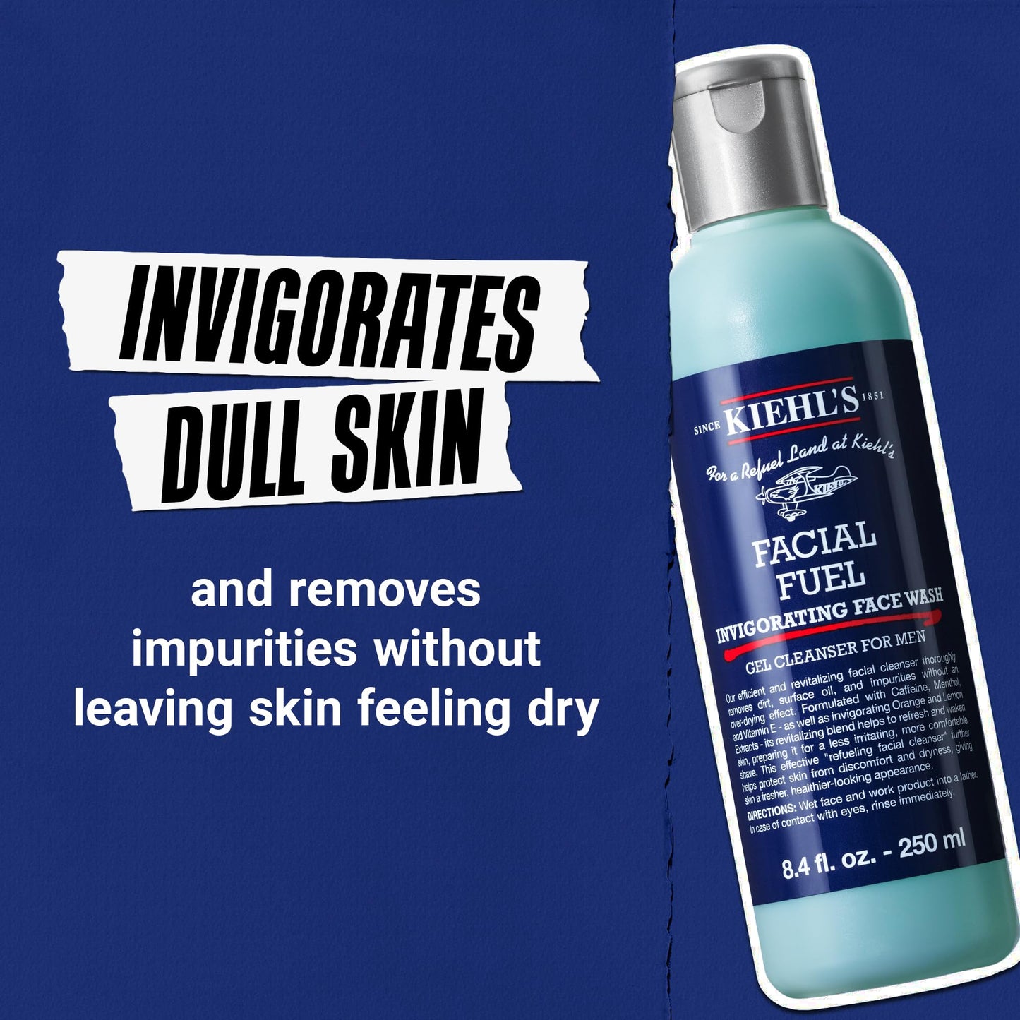 Kiehl's Facial Fuel Face Wash, Refreshing + Invigorating Men's Gel Cleanser, with Caffeine, Vitamin E and Menthol, Non-Drying Formula Moisturizes Skin, Great for Clogged Pores - 8.4 fl oz
