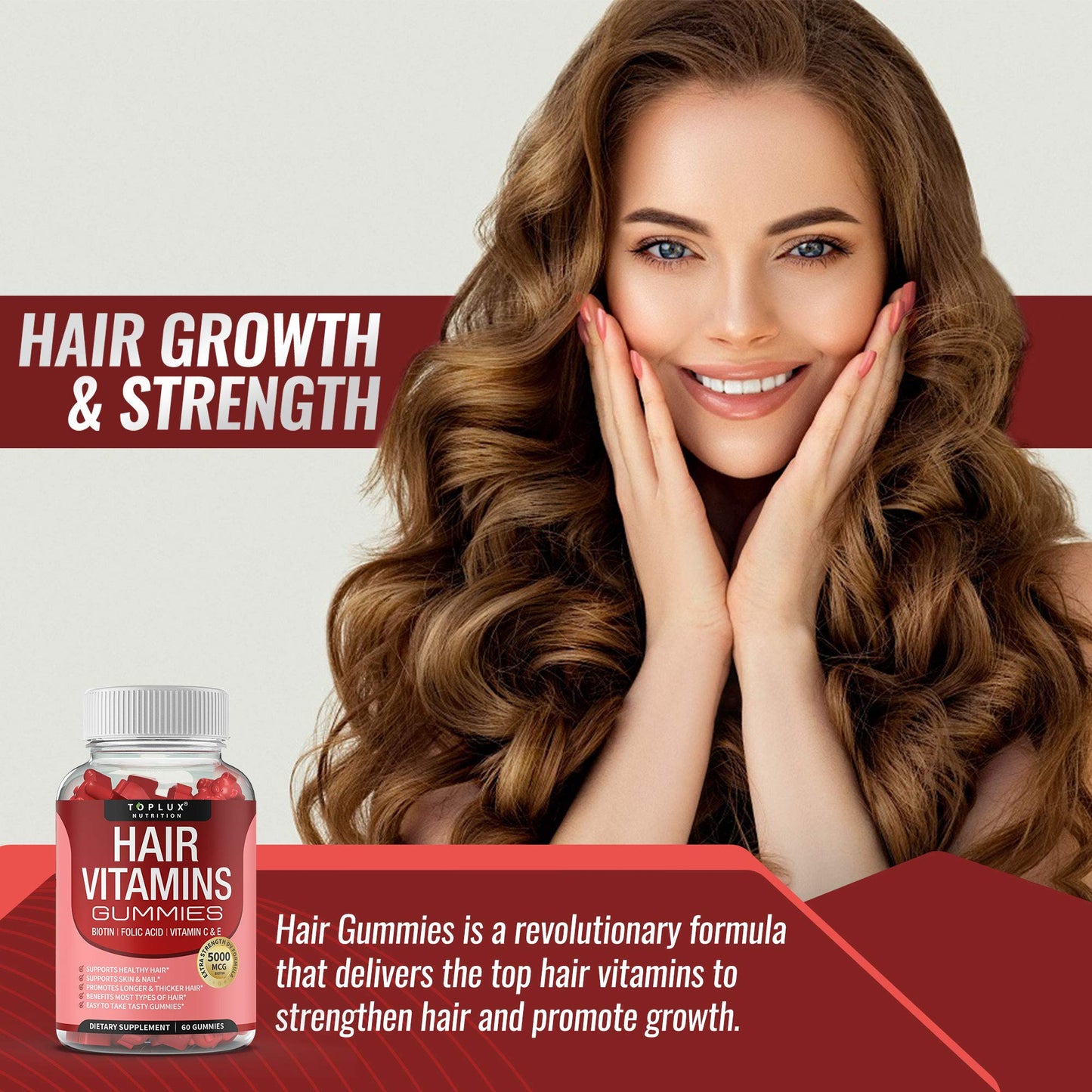 Hair Vitamin Gummies Supplement for Women & Men – Hair Growth Vitamins 5000mcg Biotin Gummies, Folic Acid, Vitamin C & E, Support Stronger & Thicker Hair, Skin, Nails, Non-GMO Vegam for, 60 Count