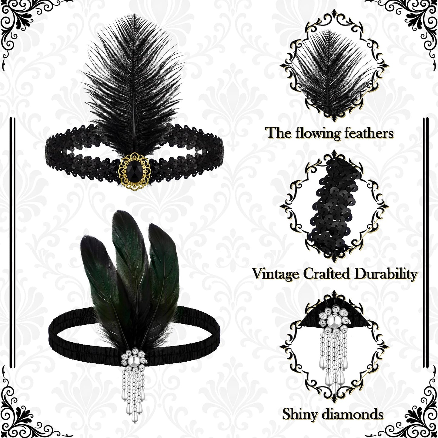 Ceenna 24 Pieces 1920s Flapper Headband Black Feather Headband Costume Flapper Headpiece 20s Rhinestone Hair Accessory for Women