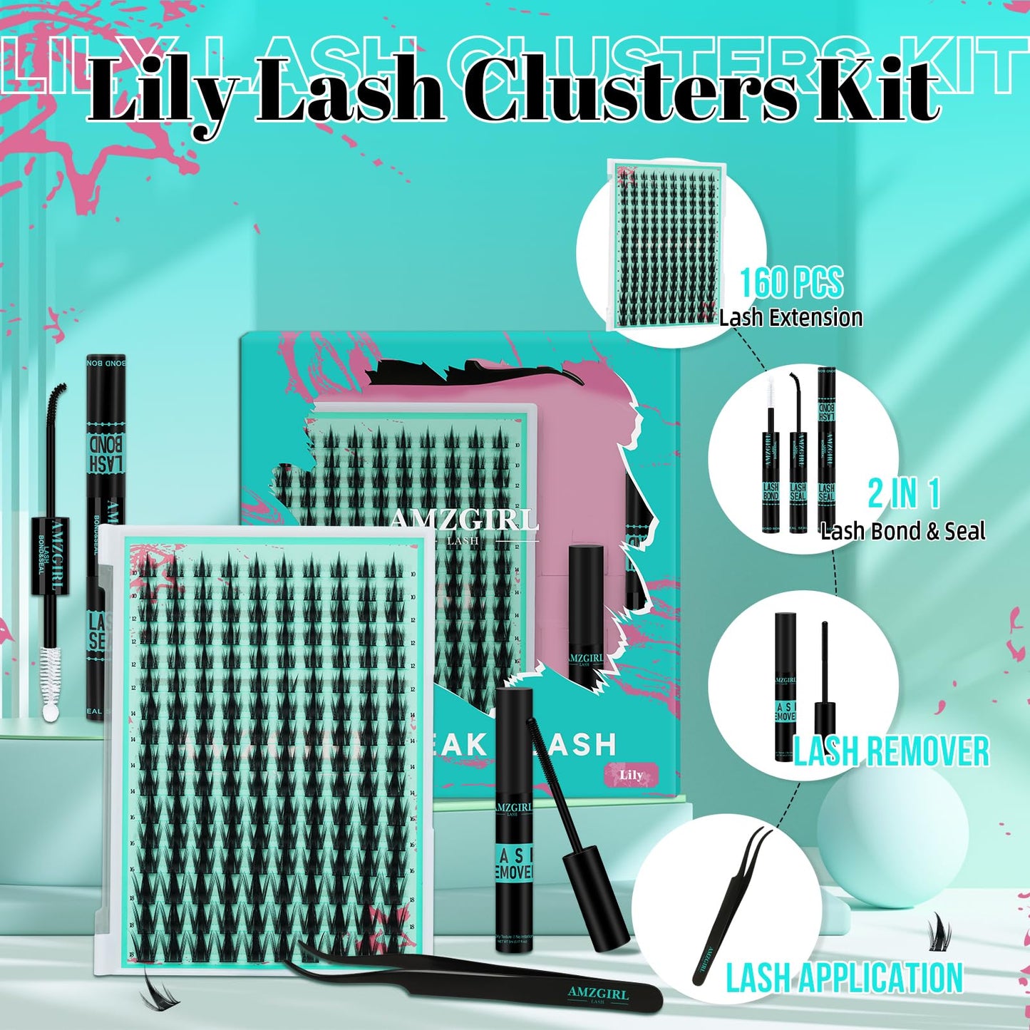 Lash Clusters Kit 160PCS Fairy Eyelash Clusters Kit with Lash White Bond and Seal,Eyelash Glue Remover and Applicator, Manga Eyelashes Wide Stem Cluster Eyelashes Extensions Kit(Lily,C-Mix10-18mm)
