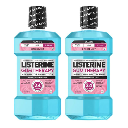 Listerine Gum Therapy Intense Antiseptic Mouthwash + Gingivitis Protection, Oral Rinse to Help Reverse Signs of Early Gingivitis like Bleeding Gums and Inflammation, ADA Accepted, Intense Mint, 1L x 2