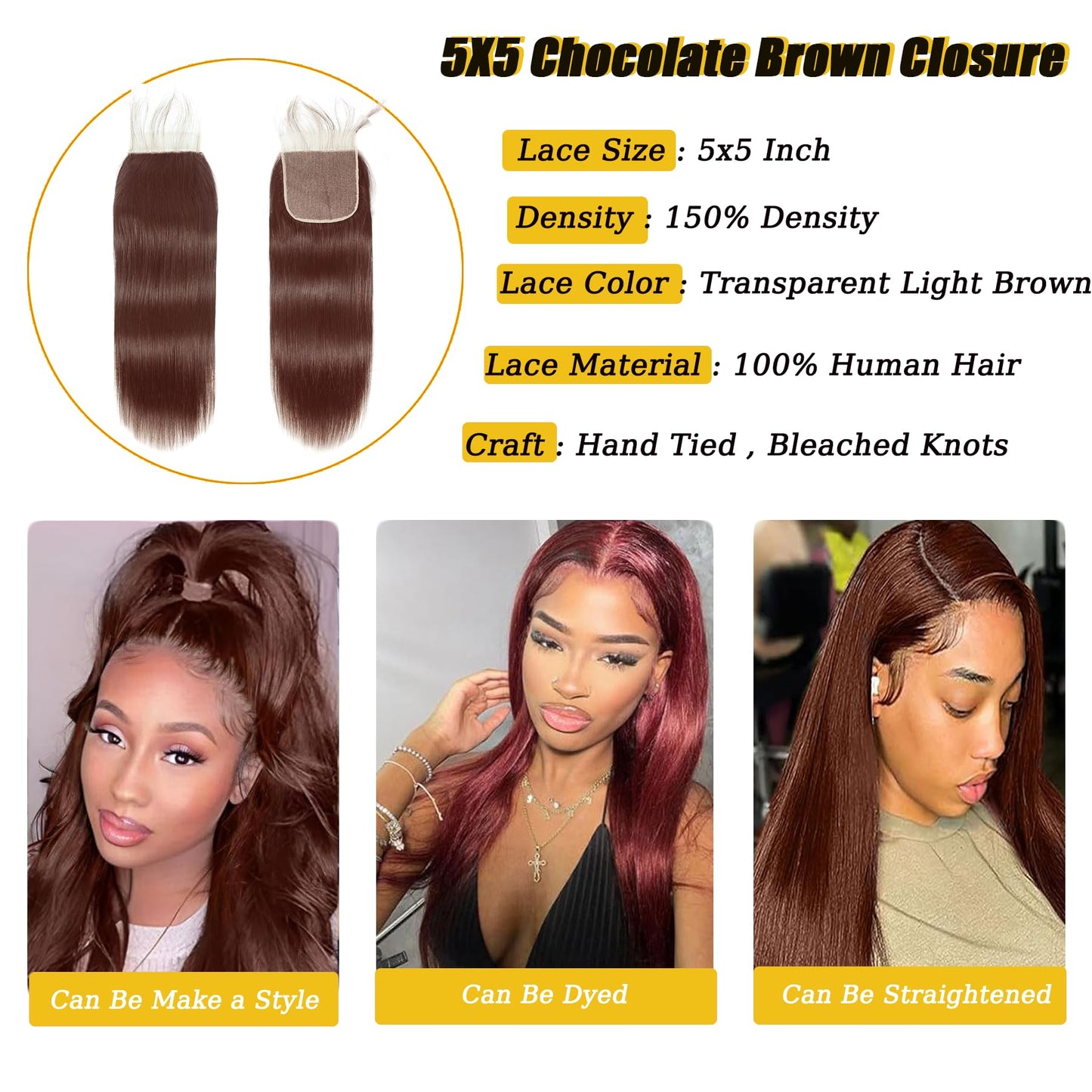 5x5 Brown Transparent Lace Closure Chocolate Human Hair 5x5 Straight Pre Plucked Natural HairLine Knots Bleached Baby Hair Brazilian Virgin Remy 10 inch