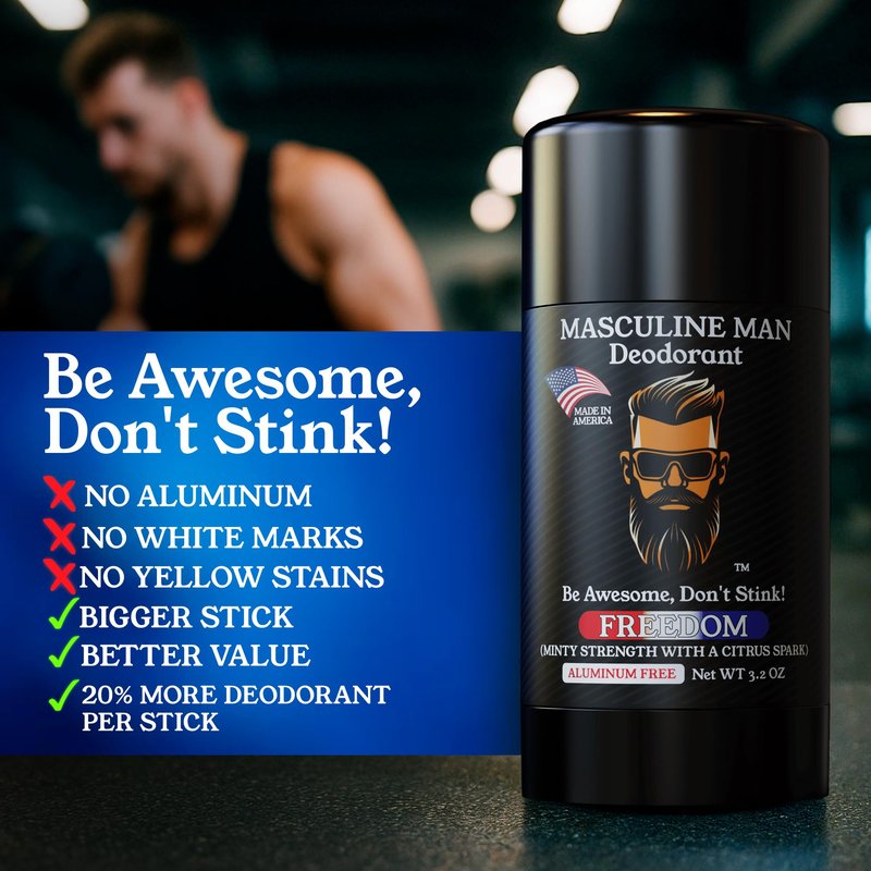 MASCULINE MAN Deodorant for Men - Aluminum Free Mens Deodorant - Natural Deodorants - Sweat Protection for Underarm - Stain-Free Stick Deodorants - Made in USA, 3.2oz (Pack of 2, Freedom)
