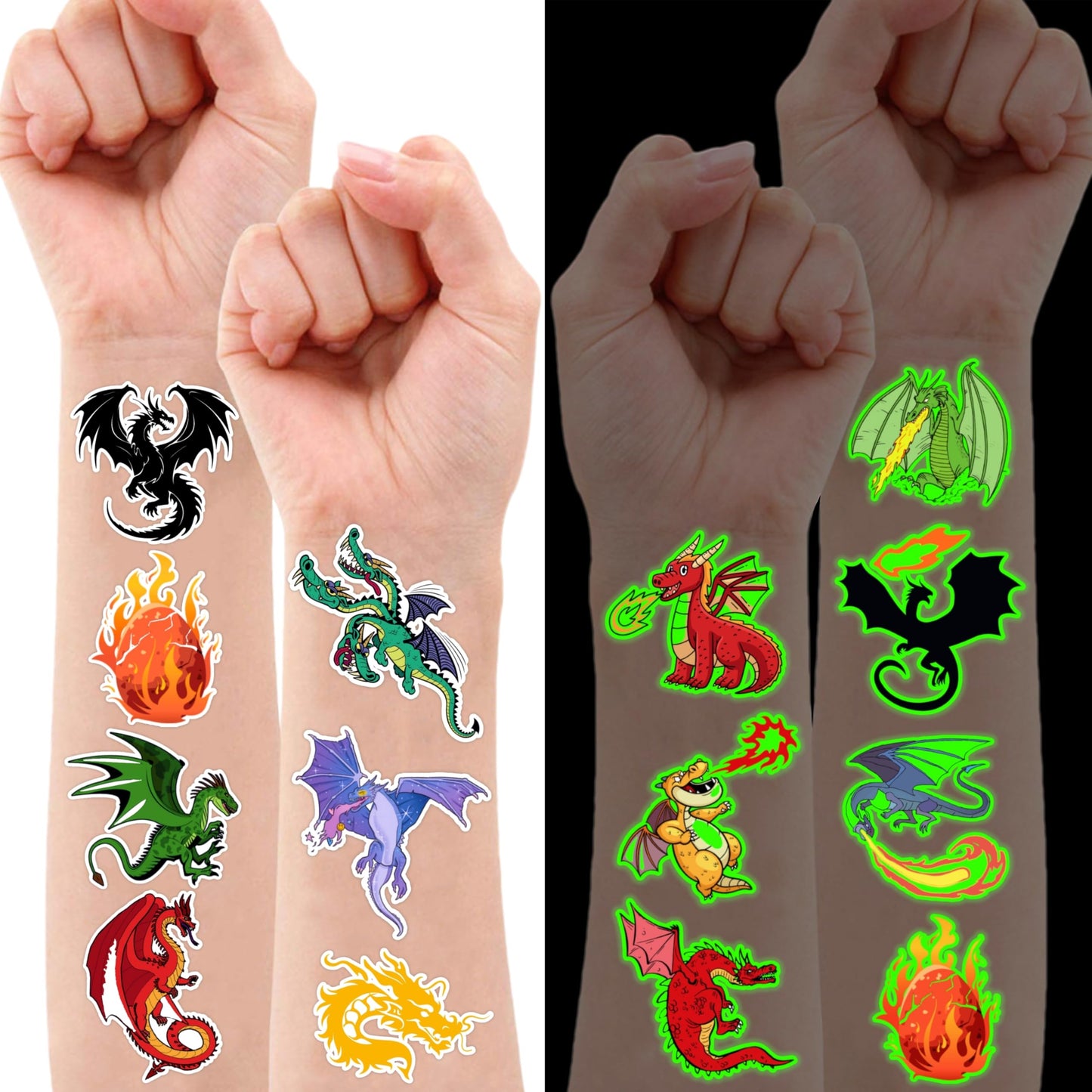 96PCS Dragon Pre-Cut Temporary Tattoos Birthday Party Supplies Favors Decorations Knight Dragon Super Cute Fake for Kids Boys Girls School Classroom Rewards Gifts Ideal Halloween (Glow in the Dark)