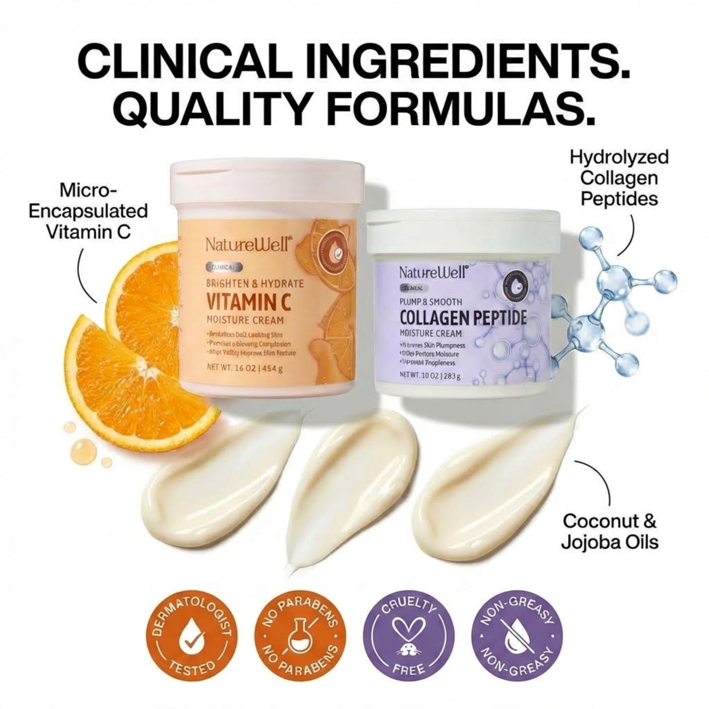 NATURE WELL Clinical Vitamin C 16oz & Collagen Peptide 10oz Moisturizing Cream Bundle for Face, Body, & Hands, Plump & Nourish, Brighten & Smooth, Provides Intense Hydration For Dry & Dull Skin