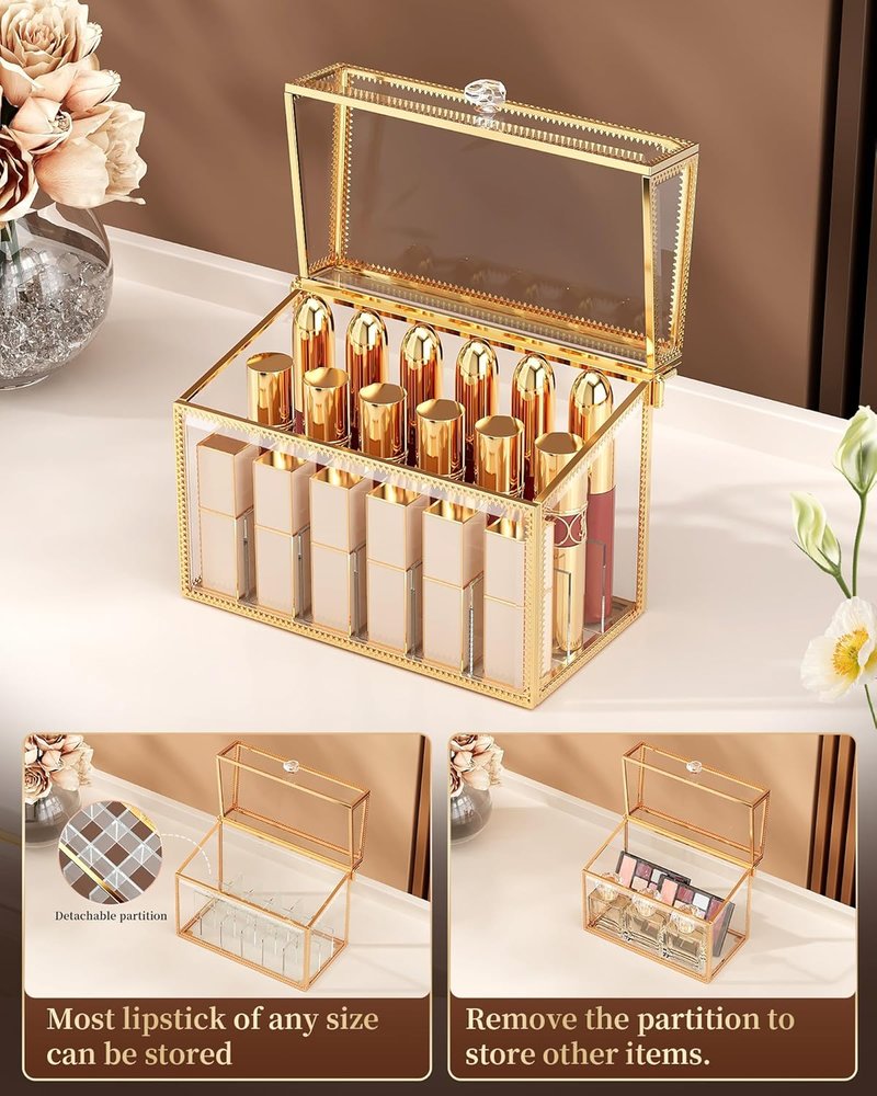 Lipstick Organizer - Luxury Tempered Glass Holder for 18 Lipsticks & Nail Polish | Removable Dividers, Gold