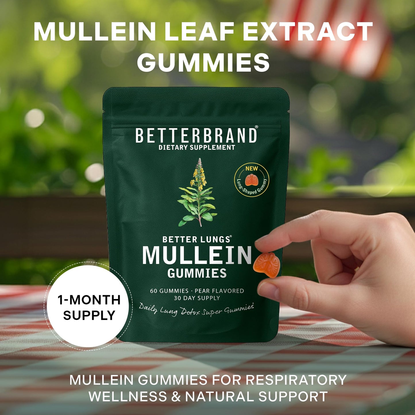 Betterbrand Mullein Chewable Gummies for Lung Cleanse and Detox, Respiratory Health Supplement, 2000mg Mullein Extract per Serving, 50:1 Extract - 30 Day Supply - Pear Flavored