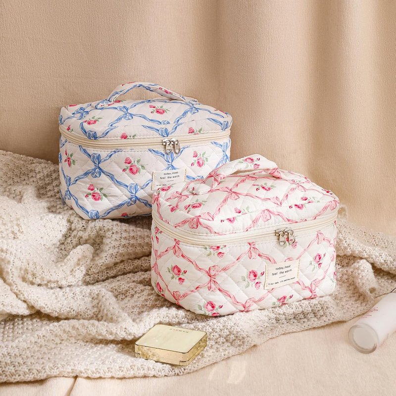 Large Quilted Makeup Bag - Cotton Floral Toiletry Bag for Women | Cute Kawaii Travel Cosmetic Organizer (Pink Bows)