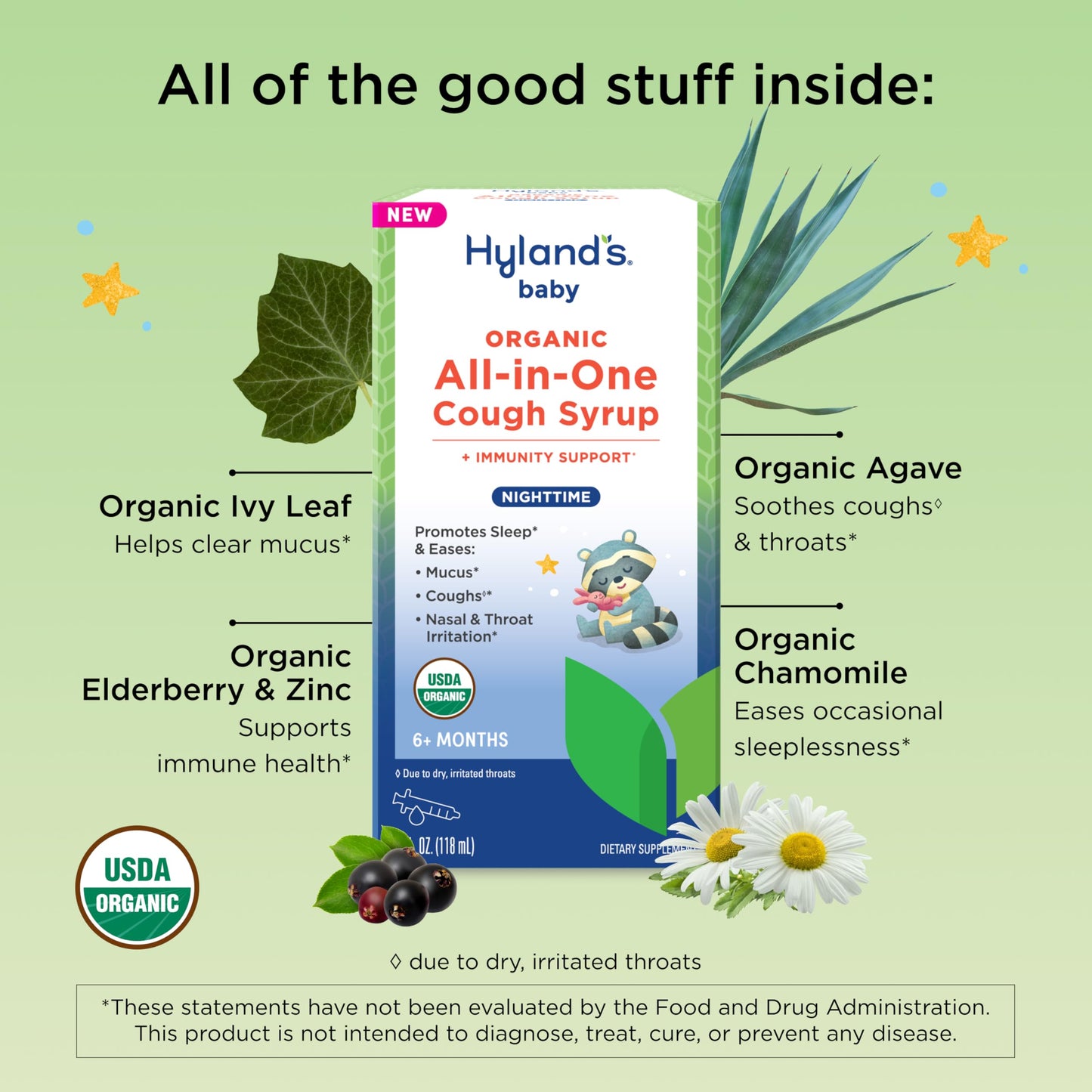 Hyland's Baby Organic All in One Nighttime Cough Syrup + Immune Support with Elderberry, Vitamin C, Zinc & Chamomile, 4 Fl Oz