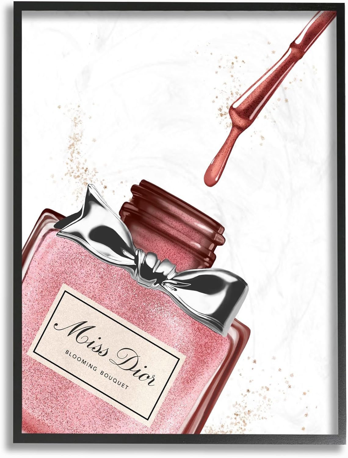 Makeup Nail Polish Brush Art - Pink Silver Drip Framed Giclee | 11 x 14 Inches, Easy to Hang