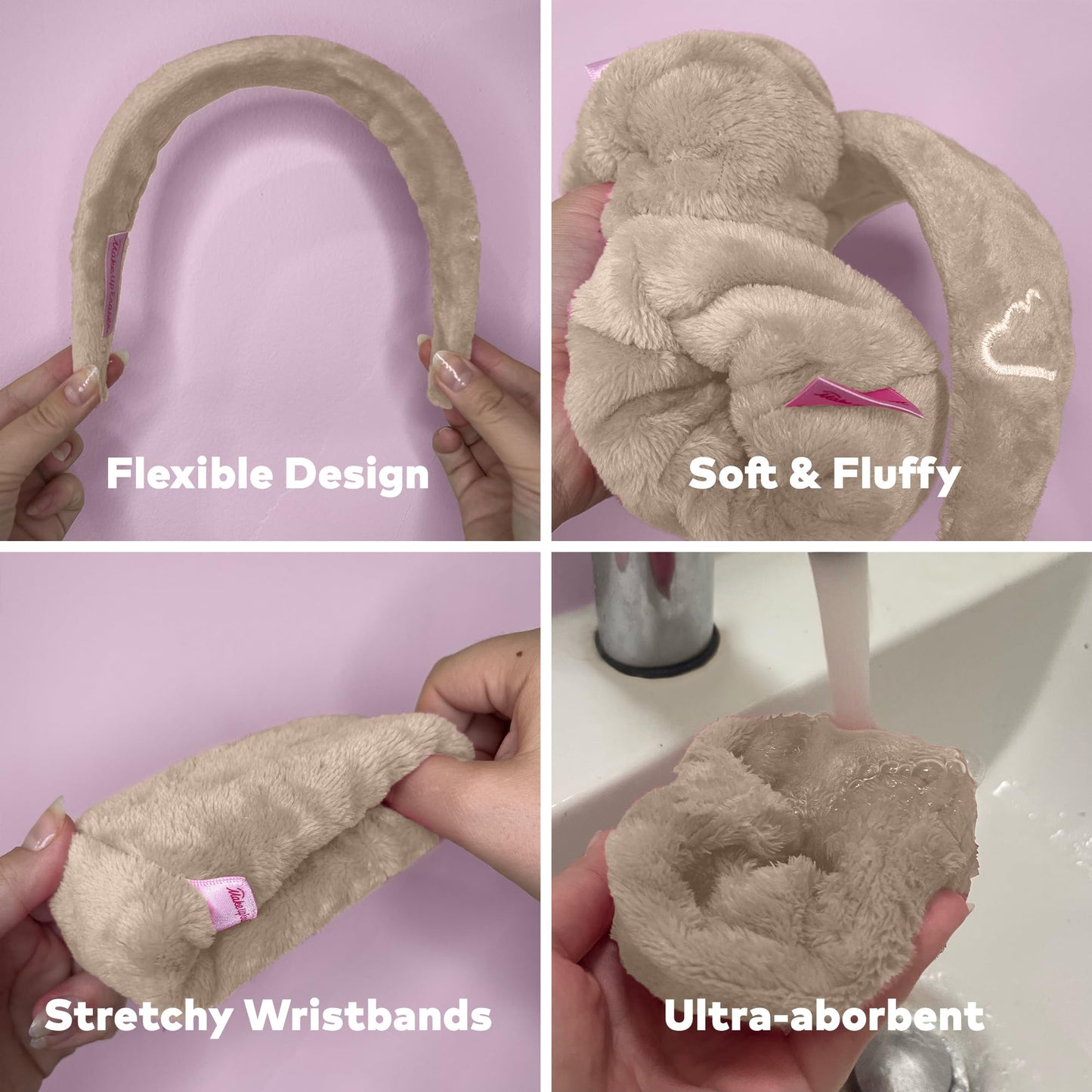 MakeUp Eraser Drip Eraser by The Original, Absorbent Headband and Wristbands Collect Water During Face Washing, 3 Piece Spa Set, One Size Fits Most, Sweet Cream