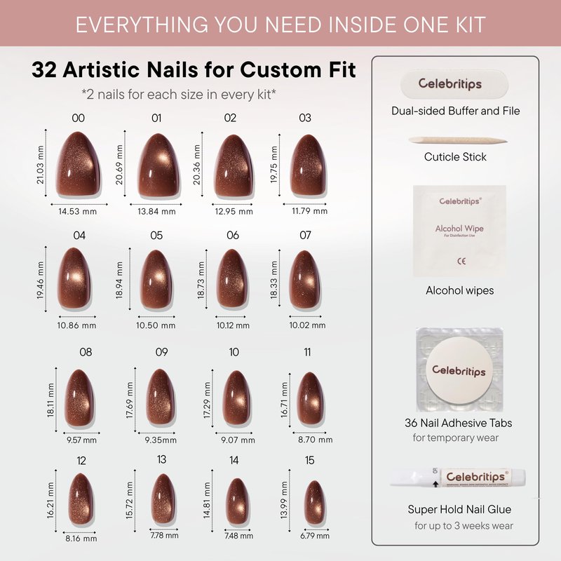 Celebritips Nail Art Press-Ons | Scarlett, Extra Short Oval Nails, Reusable | 16 sizes - 32 Nails Kit with Super-hold Nail Glue and Sticky Tabs