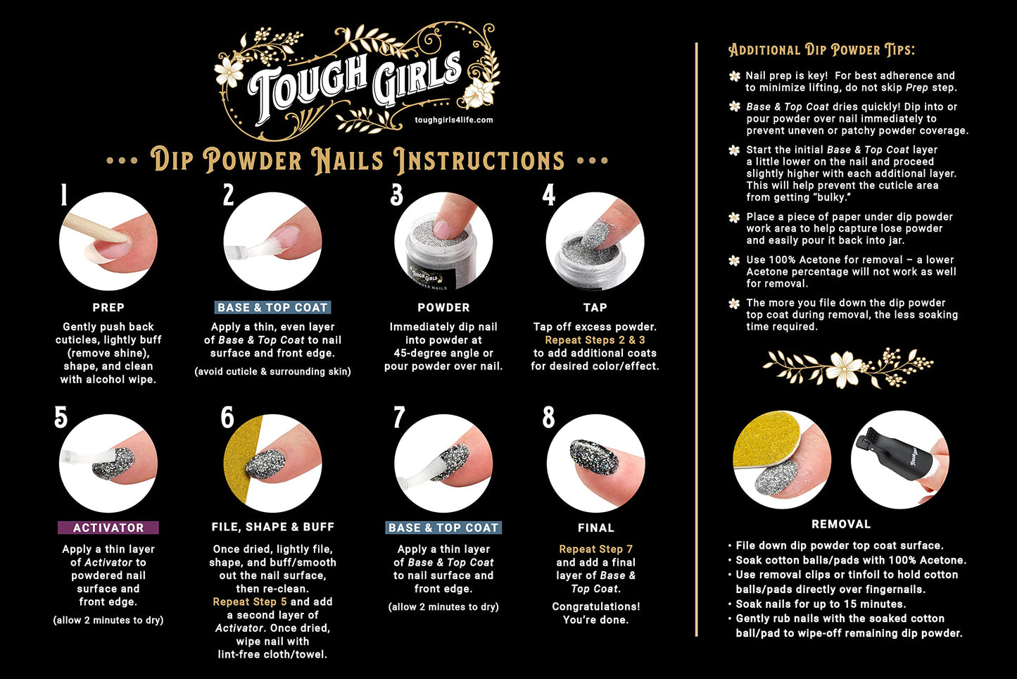 TOUGH GIRLS | 6-Pack Dip Powder Kit | Includes Dip Powders, Primer/Bond, Base Coat, Top Coat, Activator, Brush Saver, Extra Bottle Brushes, Nail Brush, Cuticle Stick, Nail File, & Nail Wipes (6-Pack Kit | Color Combo 1)