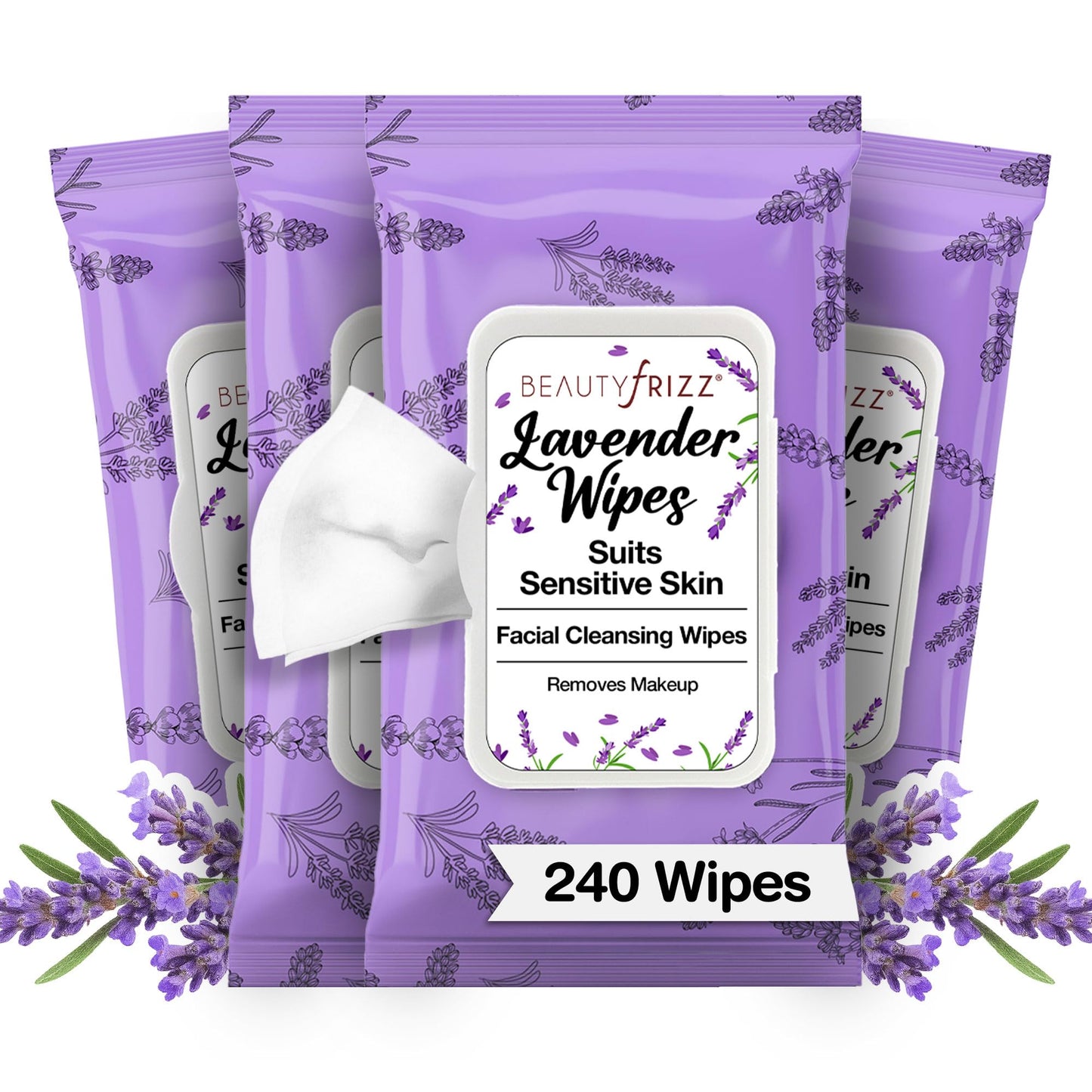 BeautyFrizz Lavender Face Wipes - Gentle No Rinse Makeup Remover and Facial Cleansing Wipes - Contains Aloe, Castor, Vitamin A and E - Suits Sensitive Skin - Moisturizing - Extra Soft (240 pcs)