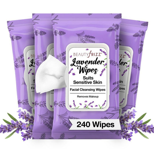 BeautyFrizz Lavender Face Wipes - Gentle No Rinse Makeup Remover and Facial Cleansing Wipes - Contains Aloe, Castor, Vitamin A and E - Suits Sensitive Skin - Moisturizing - Extra Soft (240 pcs)