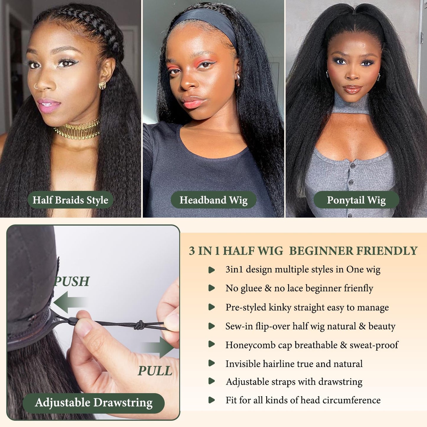 Prosa Kinky Curly Half Wig, 3-in-1 Synthetic Hair with Drawstring Headband, Clip-in Glueless Seamless Flip Over Design, Color 1B, for Women (20inch)