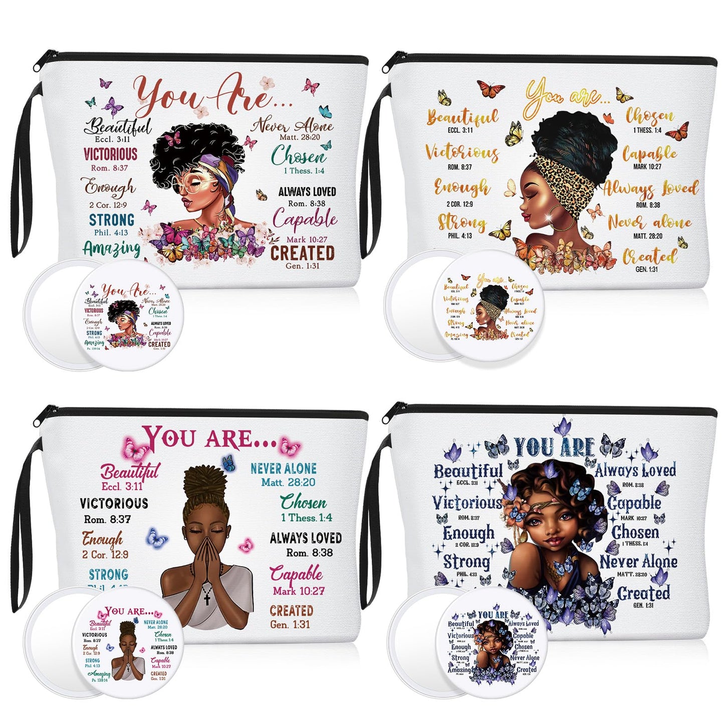 Roowest 40 Pcs Black Women Gifts Bulk Makeup Bag with Inspirational Compact Mirrors, Funny Small Travel Cosmetic Gifts for Vbs Back to School Teacher Students Black Women