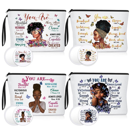 Roowest 40 Pcs Black Women Gifts Bulk Makeup Bag with Inspirational Compact Mirrors, Funny Small Travel Cosmetic Gifts for Vbs Back to School Teacher Students Black Women