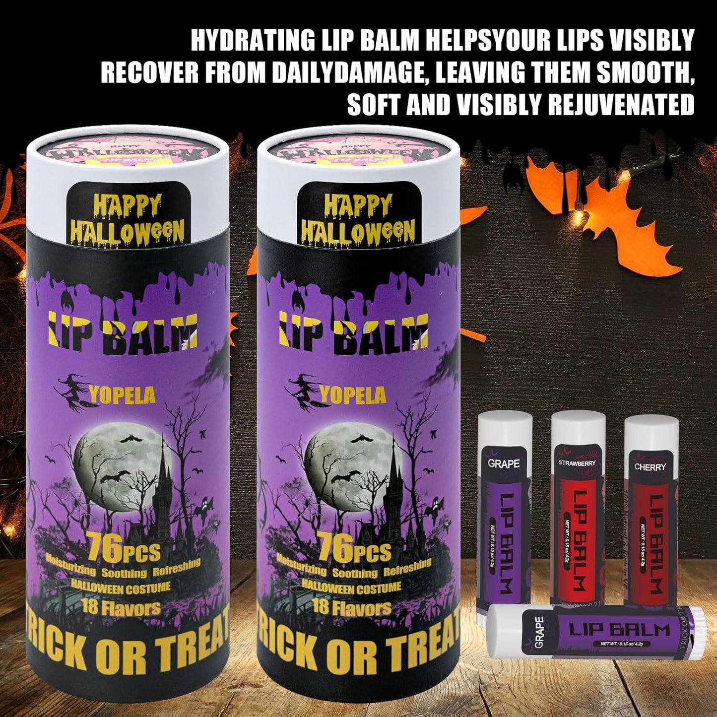 Yopela Halloween Lip Balm Set - 76 Packs of 18 Flavors | Moisturizing Chap Stick for Men, Women & Kids