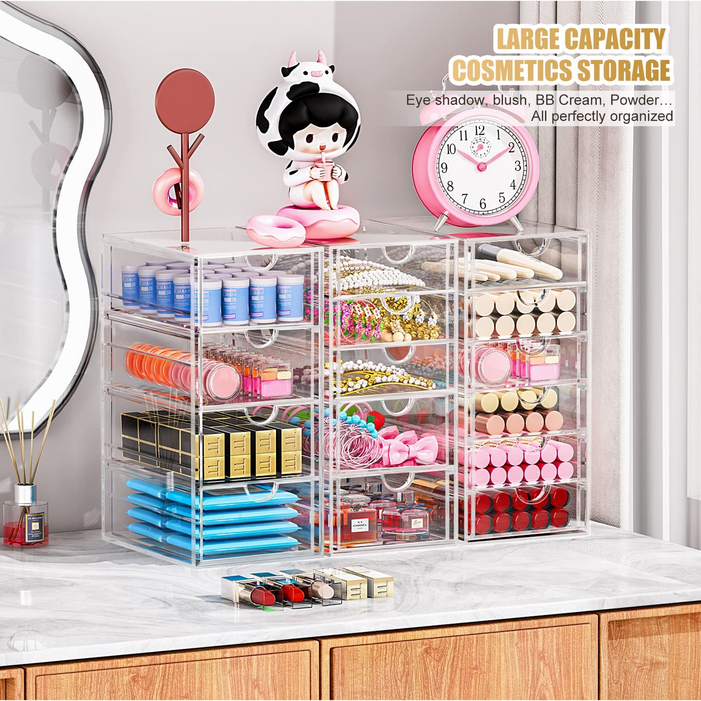 Acrylic 3 Pack Desk Organizers and Accessories, Makeup Organizer Storage With 15 Drawers, Desk Organizers, Dustproof Drawer Organizer and Storage for Make Up, Jewelry, DIY Pen