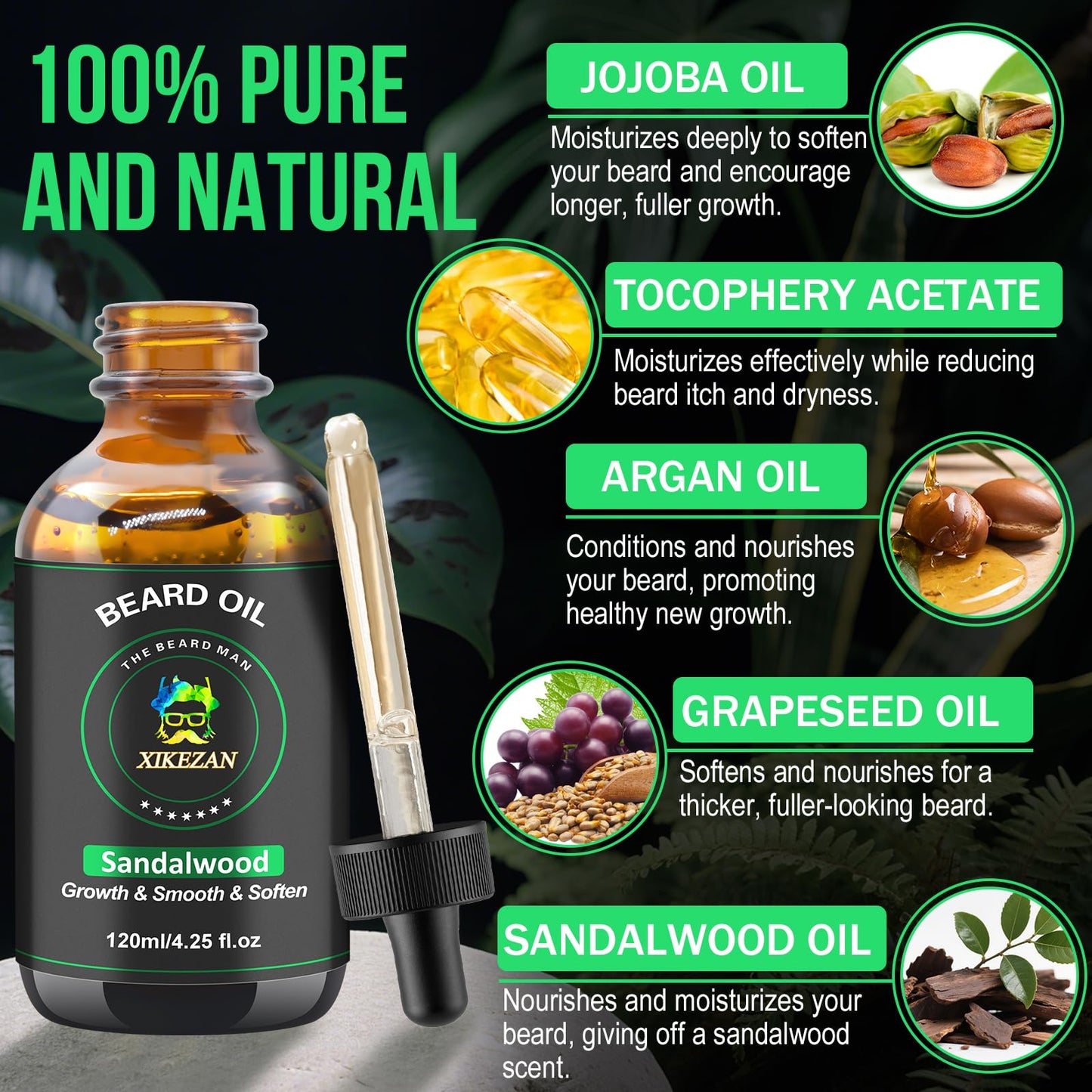 XIKEZAN Beard Oil,Beard Oil for Men,120ml/4.25 OZ Large Volume Sandalwood Natural Beard Growth Oil,Promote Beard Care Growth Mustaches Soften Strength Leave in Conditioner,Unique Gifts for Men Him Dad