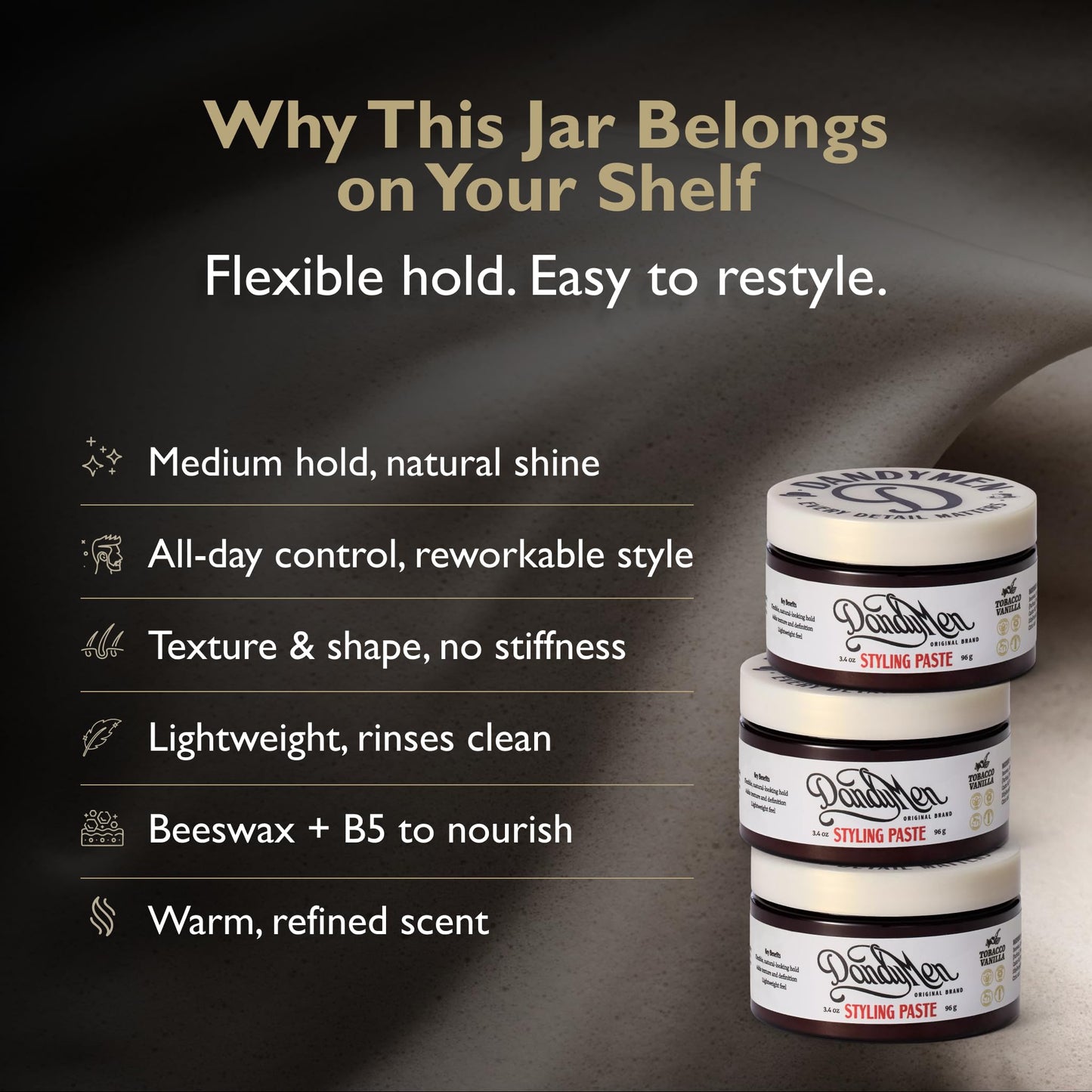DandyMen Hair Styling Paste for Men | Medium Hold | Flexible Control & Natural Shine | Beeswax with Pro-Vitamin B5 | Tobacco Vanilla Scent | 3.4 oz, 1-Pack