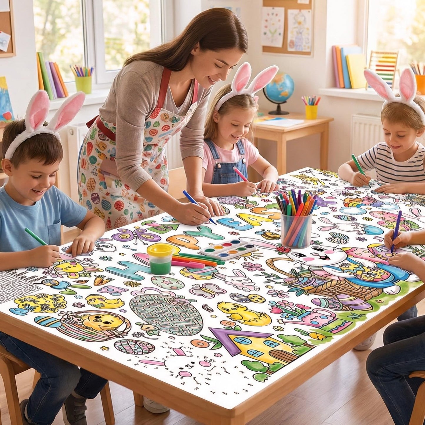 Easter Giant Coloring Poster/Tablecloth, 30 x 72 Inch Jumbo Craft for Kids Art Crafts Paper Banner Kids Games Activities,Coloring Tablecloth Crafts for Easter Classroom Wall School Home Parties