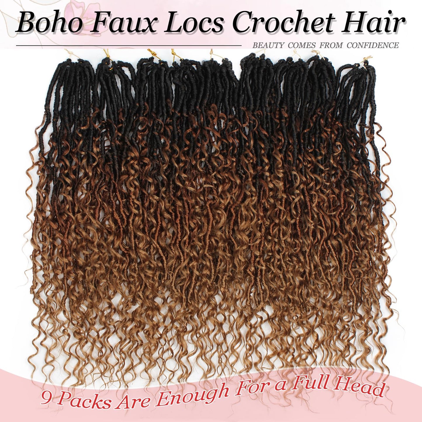 Haftaluv Boho Faux Locs Crochet Hair 9 Packs Long Goddess locs 24 Inch Boho Soft Locs With Curly Ends Pre Looped Bohemian River Loc Crochet Hair For Women (24 inch,1B/30/27)