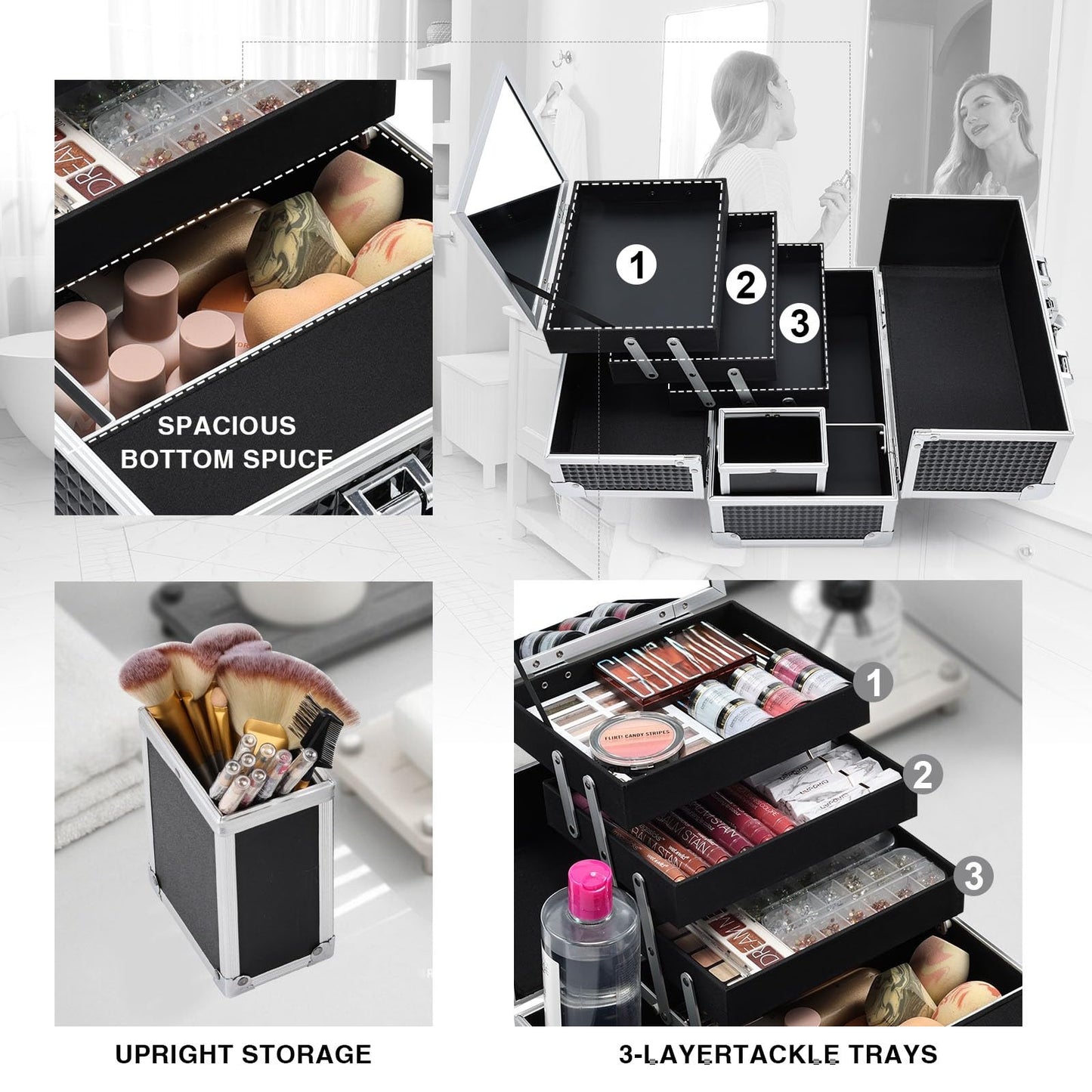 Joligrace Makeup Train Case Makeup Case 3-Tray Cosmetic Box with Mirror, Shine Black, 11.8-in Large Makeup Box with Detachable Brush Holder, Lockable Portable Makeup Travel Organizer Case