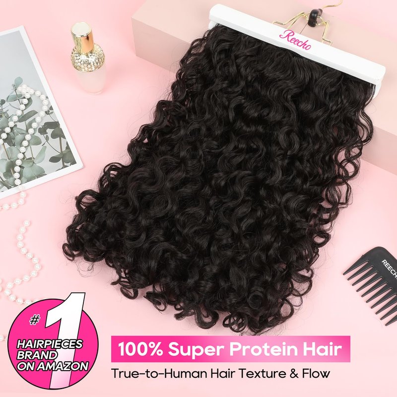 REECHO Curly Hair Extensions - 4PCS 18" GoGo Curly Clip in Hair Extensions 100% Super Protein Hairpieces with Invisible Lace Weft Silky Soft Natural Look for Women - Black Brown