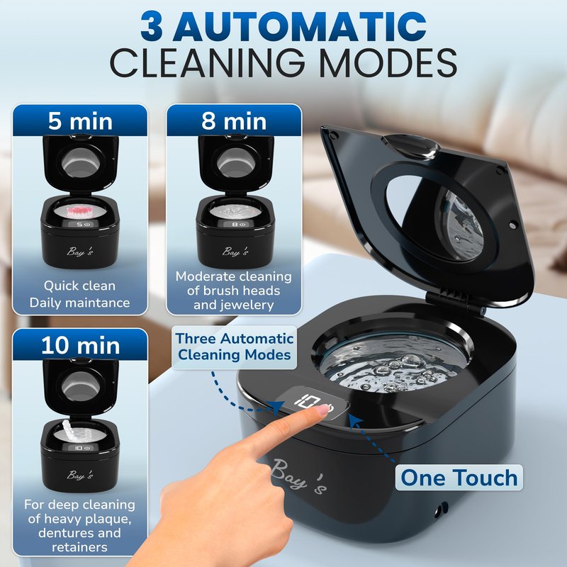 BAY'S 45kHz Ultrasonic Cleaner for Retainers, Night Guards, and All Dental Appliances – Includes 230ml Cleaning Basket – Perfect for Jewelry and Dental Accessories (Black)
