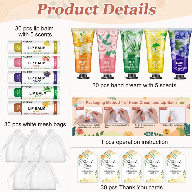 VESPRO 30 Pack Bulk Hand Cream and Bulk Lip Balm Sets, Mothers Day Gifts, Wedding Favors for Guests with Thank You Card and Organza Bags, Birthday Gift, Teacher Appreciation Gifts and Nurse Gift