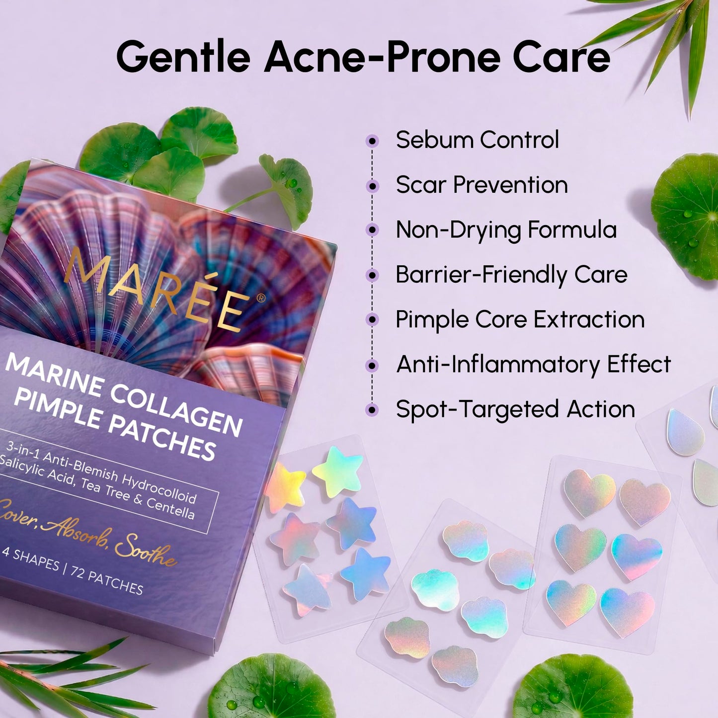 MAREE Star Pimple Patches for Face - Hydrocolloid Acne Patches w/Salicylic Acid, Tea Tree Oil & Centella - Cute Pimple Patches Stars - Teens Zit Patches Stickers - Parches Para Acne - 72 Blemish Dots