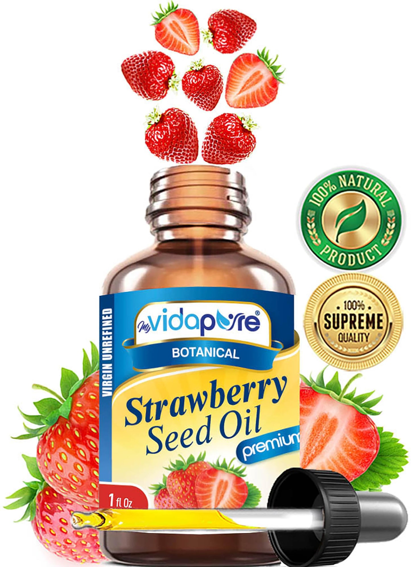 MYVIDAPURE STRAWBERRY SEED OIL 100% Pure Unrefined Virgin Cold Pressed. Moisturizer for Face, Skin, Hair, Nails, Scars, Anti Aging Omega 6 Vitamin C (1 Fl Oz)