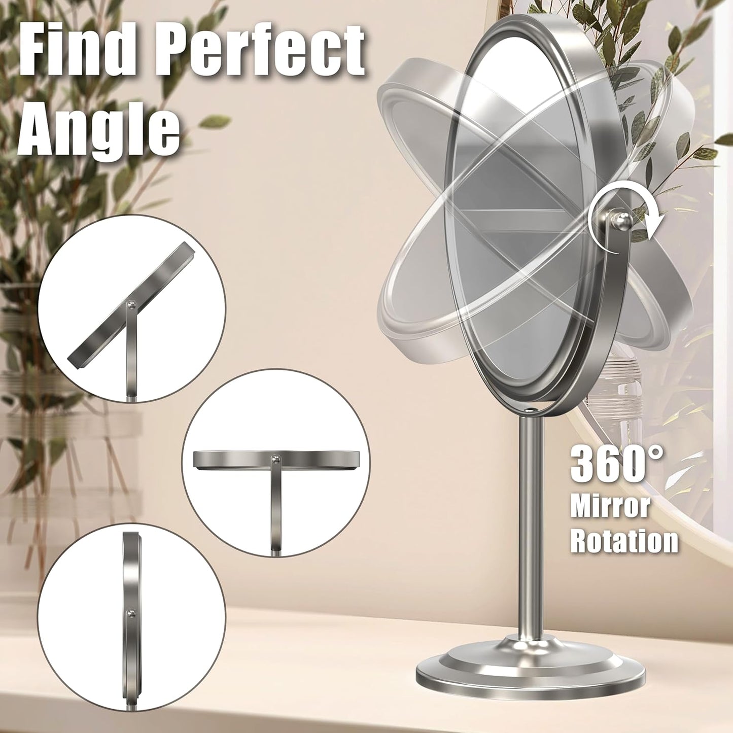Makeup Mirror with Stand - 8 Inch Double-Sided Design | 7X Magnification, Nickel Finish