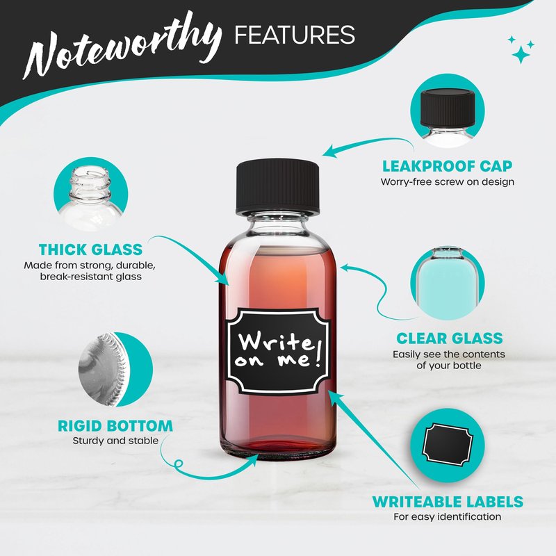 Nevlers Clear 2 Oz Glass Bottles with Lids 48 Pack | 59mL Juice Shot Bottles with Caps for Immunity & Wellness Shots, Ginger, Vanilla Extract, Perfume | Leakproof Travel Shot Bottle Set w/Accessories