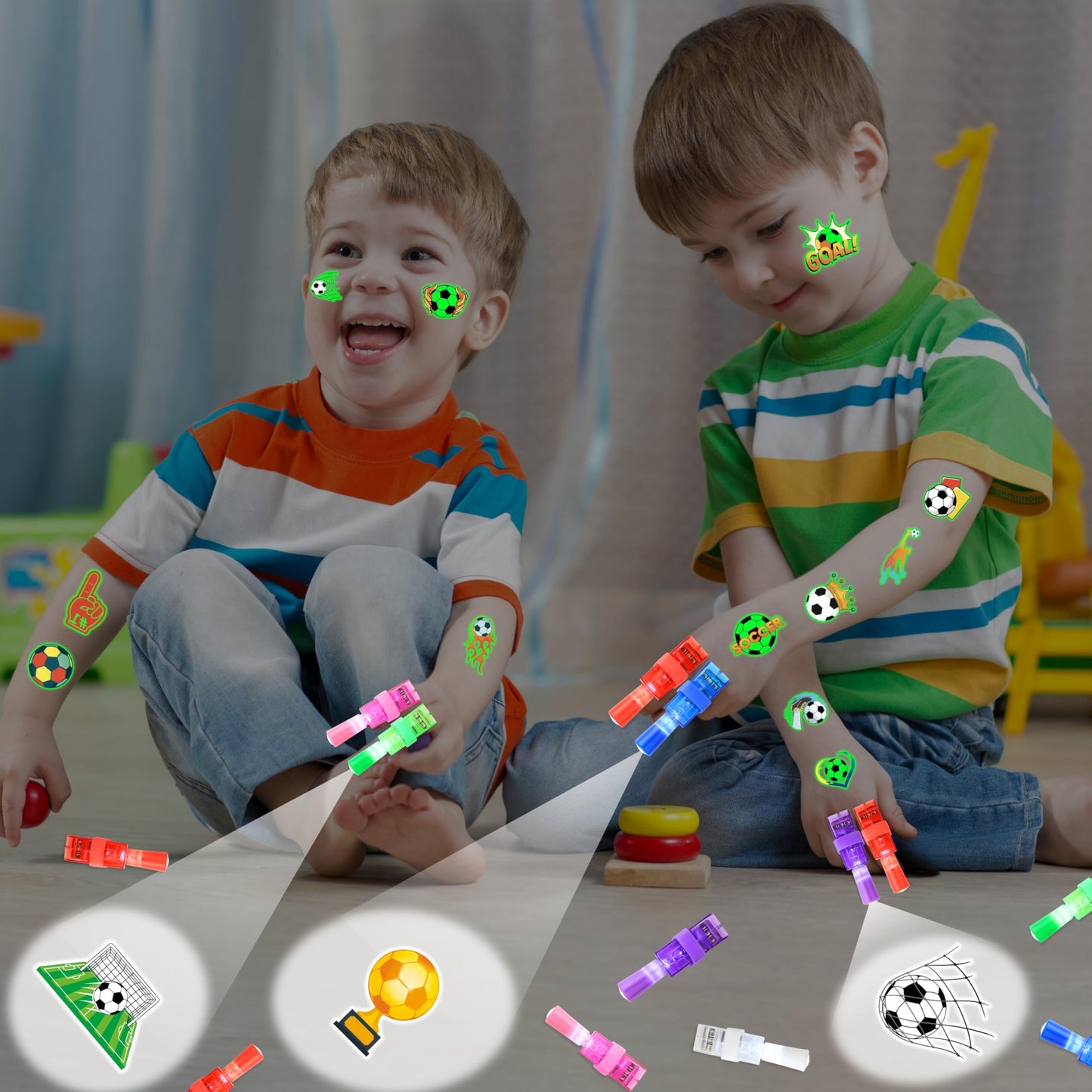72 PCS Soccer Party Favors – 48 PCS Luminous Tattoos & 24 PCS LED Finger Lights Combo – Birthday Goodie Bag Fillers, Party Supplies, Gifts Light Up Toys Glow In The Dark for Boys and Girls (Soccer 1)