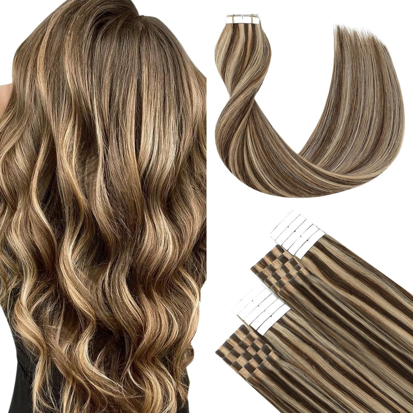 Tape In Hair Extensions - 14 Inch Human Hair #4P27 Chocolate Brown & Caramel Blonde Highlights | 20pcs, 50g
