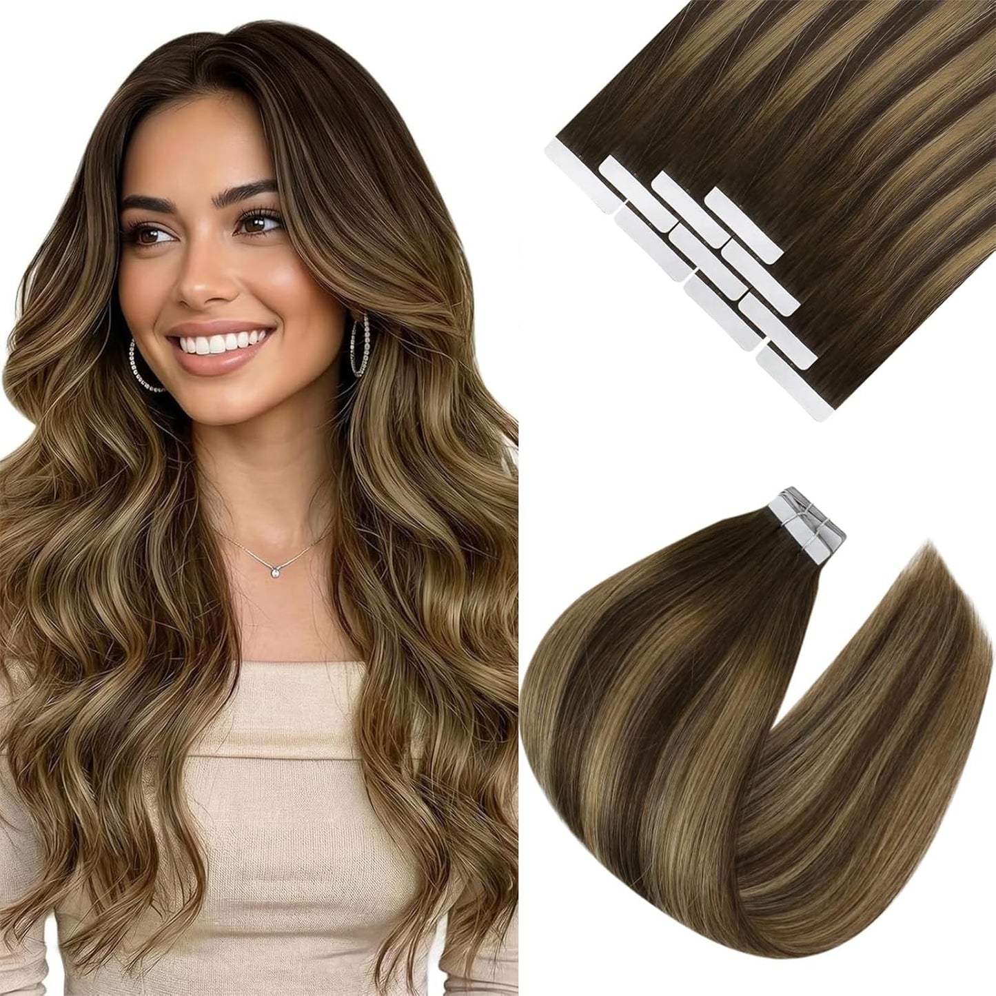 Ve Sunny Hair Tape in Extensions Chocolate Brown Balayage Caramel Blonde